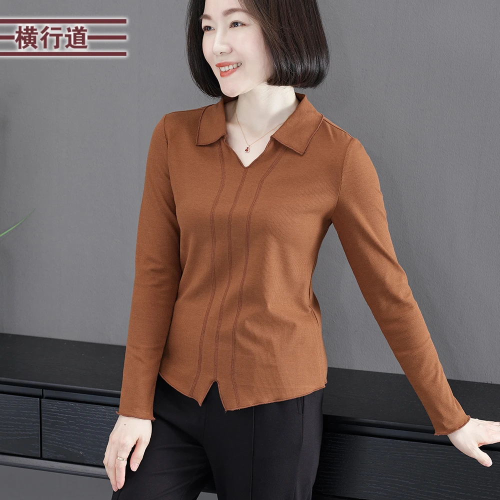 2024新款秋装翻领坑条长袖T恤女装纯色简约大码妈妈工作职业上衣