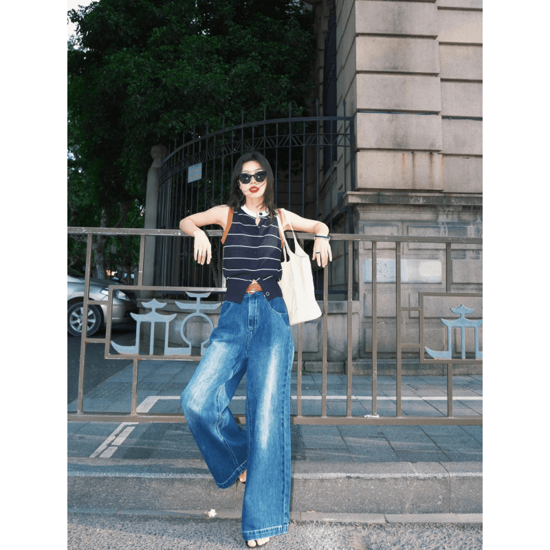 摇绿 美式复古蓝色牛仔裤女夏季气质阔腿重工高腰水洗宽松直筒薄裤子航