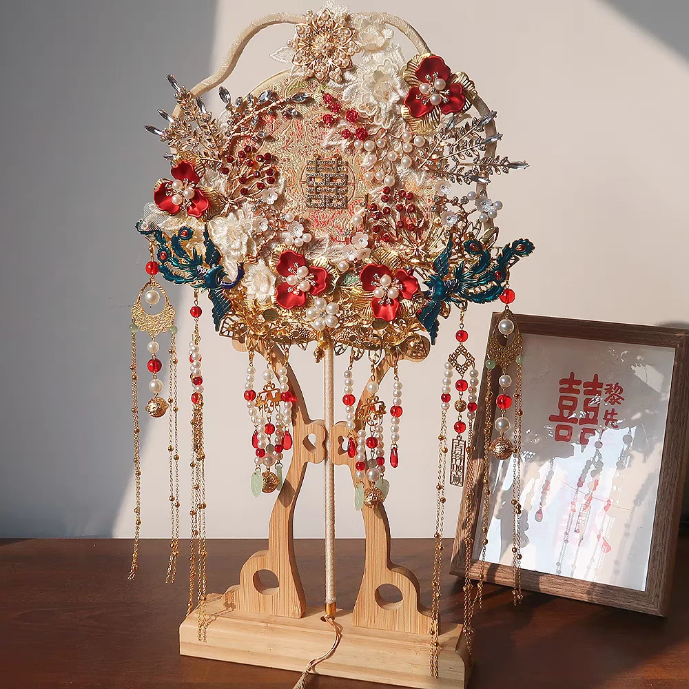 中式婚礼香槟色新娘结婚双面团扇手工diy成品喜扇伴手礼秀禾扇子