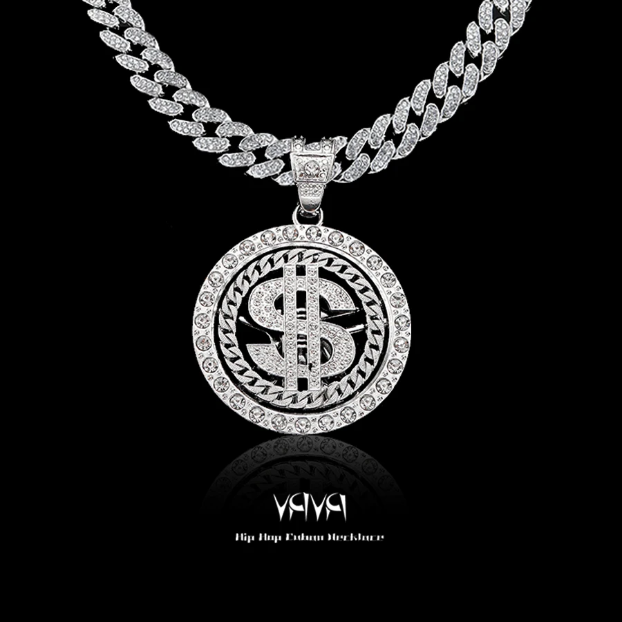 铜合金吊坠 欧美嘻哈大号可旋转美元吊坠满钻复古百搭时尚坠链