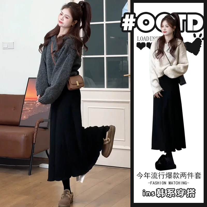 慵懒风小众套装潮春秋新款软糯气质连帽针织毛衣高腰中长款百褶裙