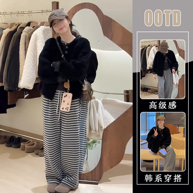 韩版黑色一体羊羔绒外套女2025年春秋新款加厚保暖休闲裤两件套