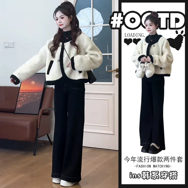 设计感别致撞色拼接外套女+高腰垂感阔腿裤港味别致百搭两件套潮