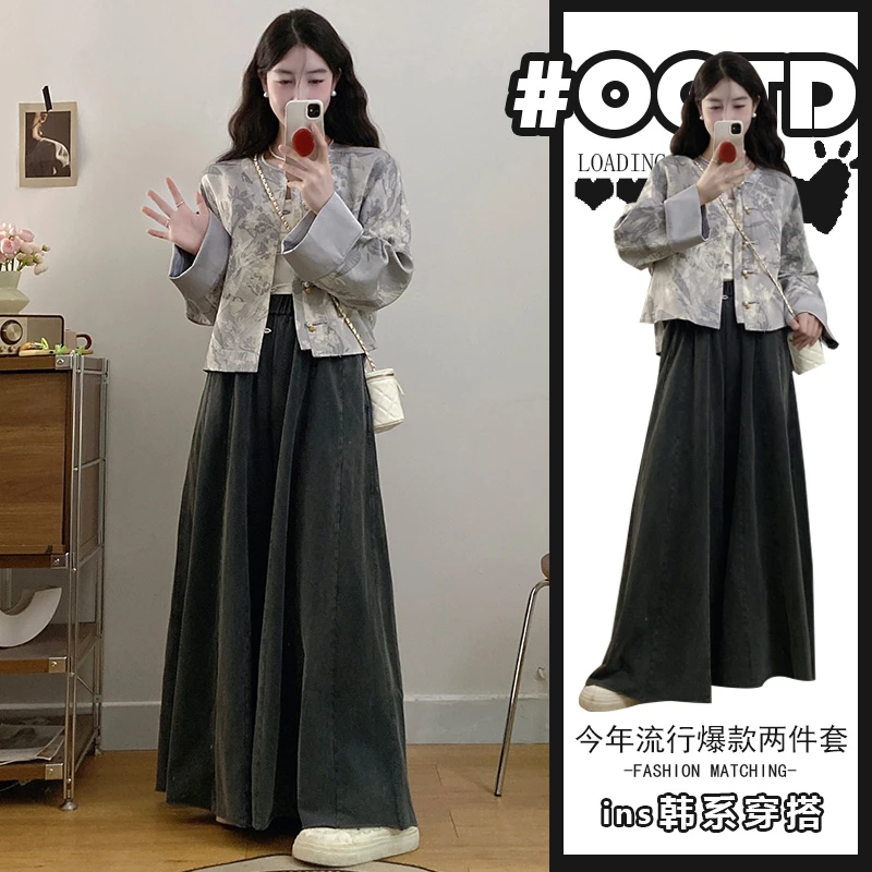 高级感复古国风两件套女2025气质新中式洋气印花外套高腰显瘦裙裤