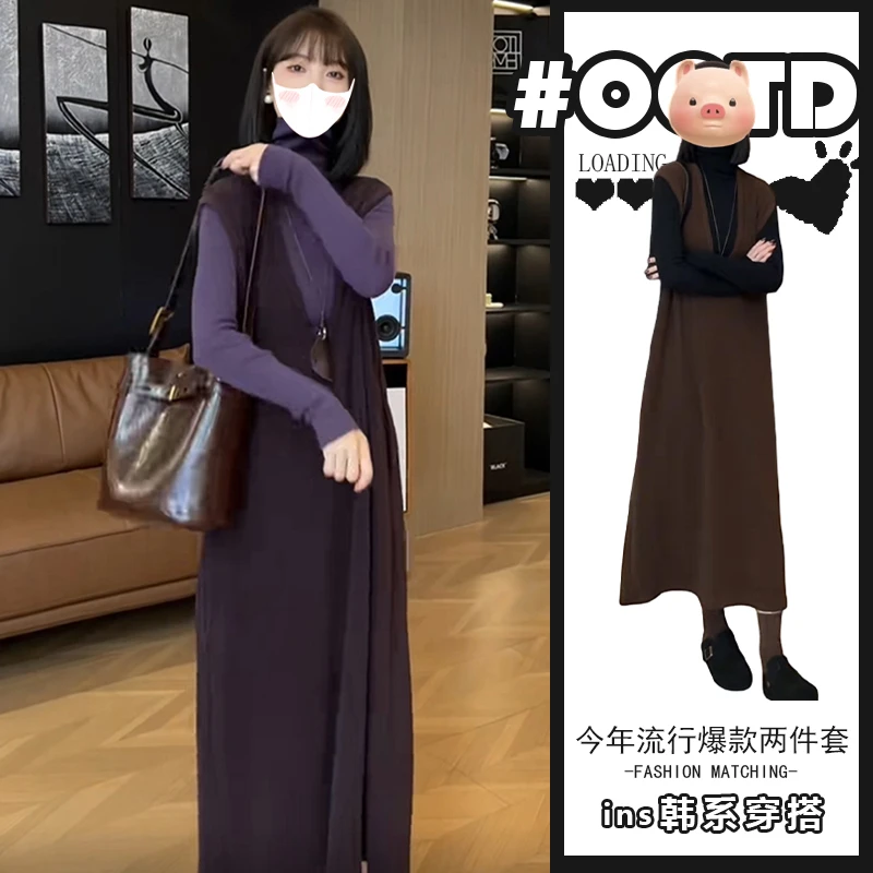 春秋新款简约轻熟风穿搭一整套时尚百搭背心裙修身高领打底衫套装