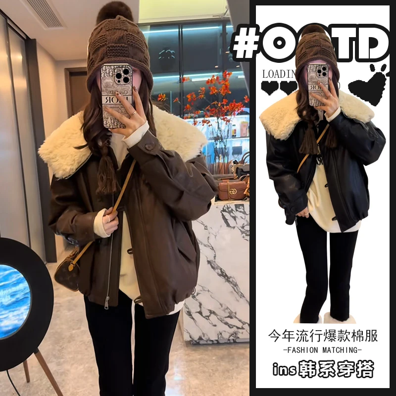 高级感独特大翻领气质加厚棉服外套女春秋时尚洋气长袖保暖上衣潮