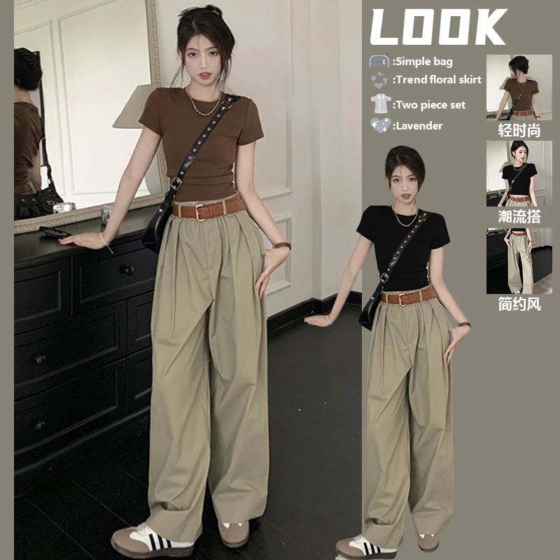 夏装搭配一整套显瘦套装女装2025新款短袖上衣+阔腿休闲裤两件套