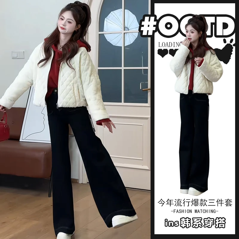 气质保暖棉服外套慵懒风连帽毛衣高腰牛仔裤港味别致百搭三件套女