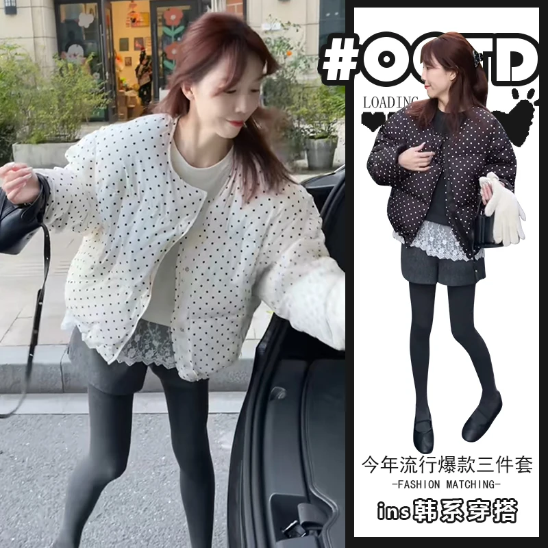 甜酷辣妹穿搭套装女春秋新款加厚棉服外套拼接蕾丝上衣高腰短裤子