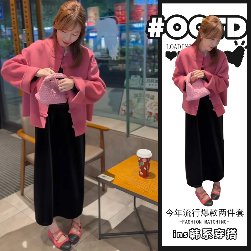 春秋高级感两件套女中国风复古气质盘扣外套+高腰时髦丝绒半身裙