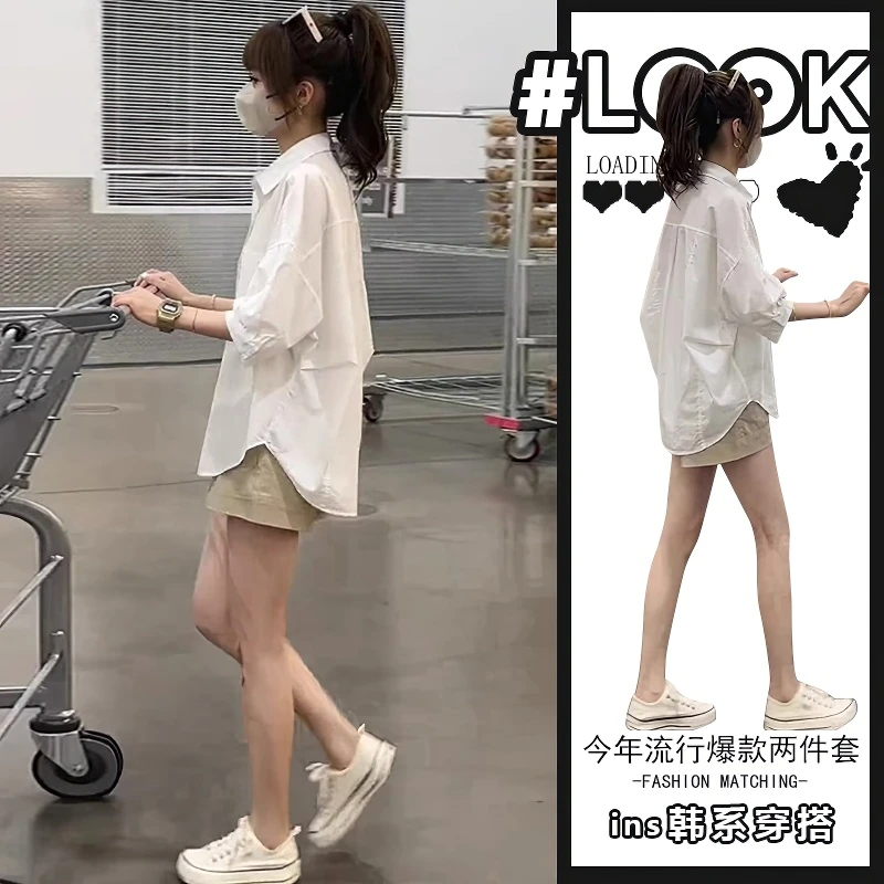 盐系轻熟两件套装女夏季新款宽松白色衬衫短裤小个子休闲裤一整套