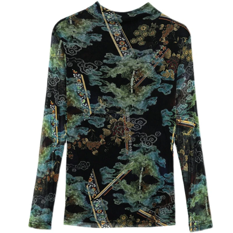 时尚印花半高领蕾丝衣