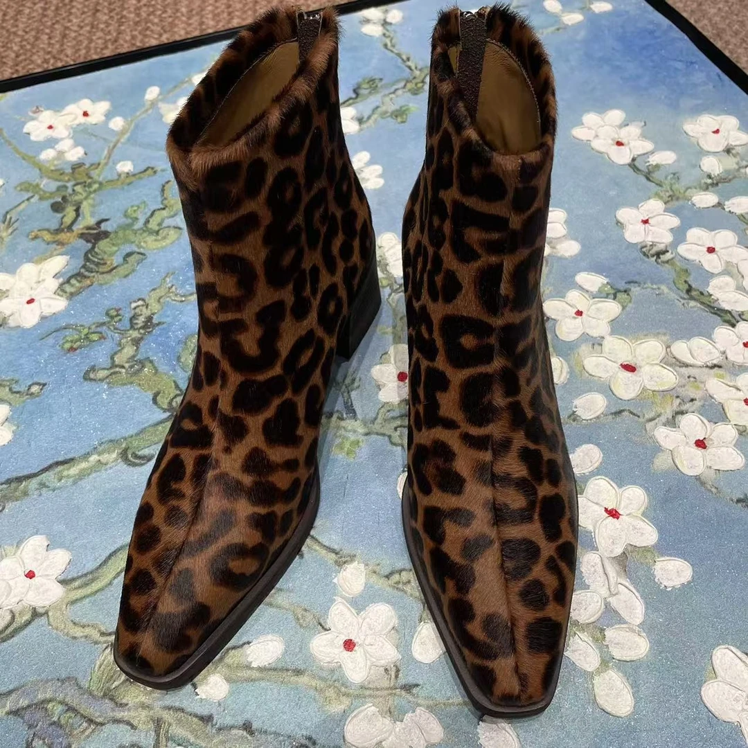 VV&AA  冬款新款时尚百搭豹纹休闲方头低跟靴     SS3318-1