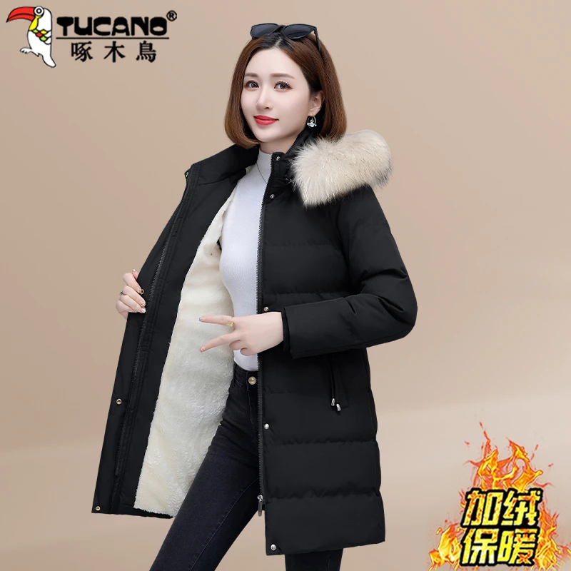 【官方】啄木鸟中长款大码棉服女款冬季女装外套洋气妈妈棉衣棉袄
