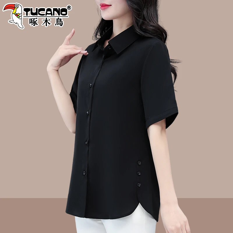 【官方】啄木鸟黑色衬衫女夏款短袖2025宽松雪纺衬衣外套夏季上衣