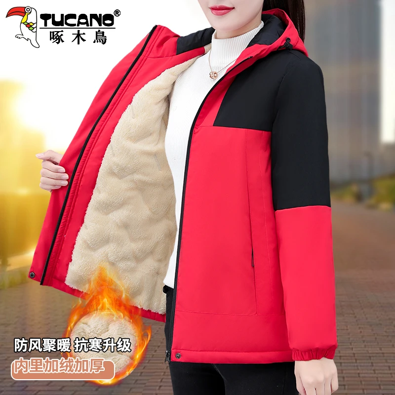 【官方】啄木鸟加绒加厚外套女秋冬2025新款妈妈棉服冬装棉衣保暖外