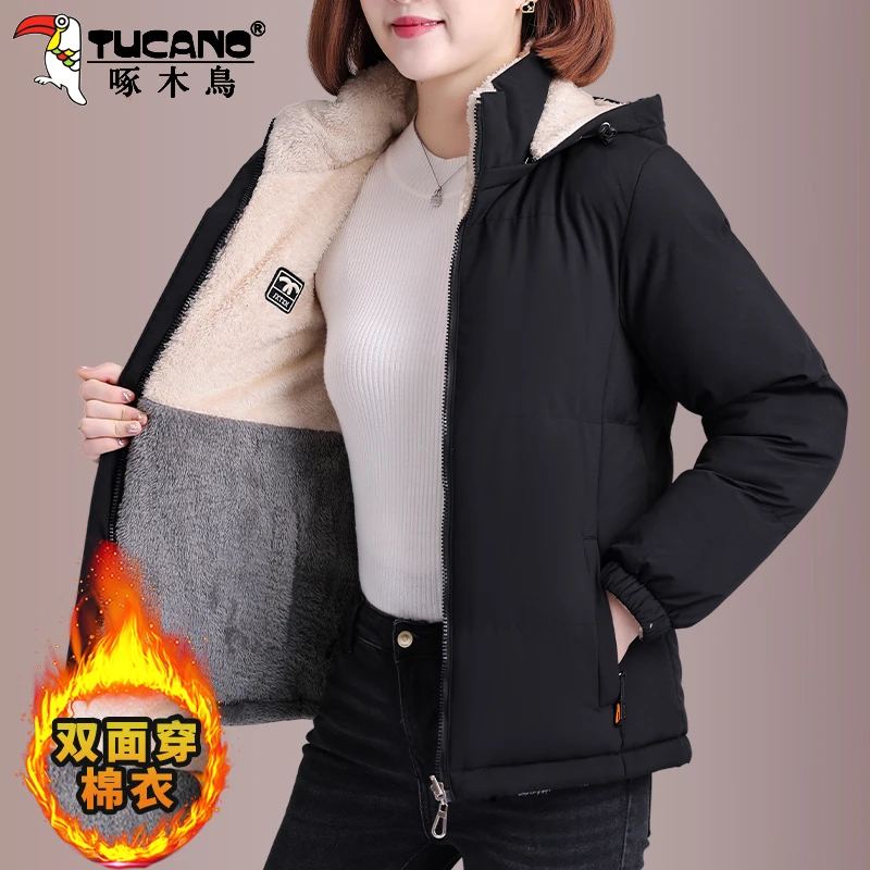 【官方】啄木鸟双面穿保暖棉服2025新款冬季中年妈妈加厚棉衣外套