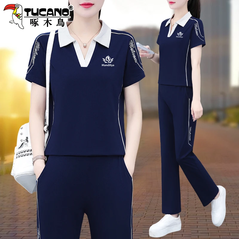 【官方】啄木鸟休闲翻领运动套装女夏装显瘦中年妈妈时尚短袖套装