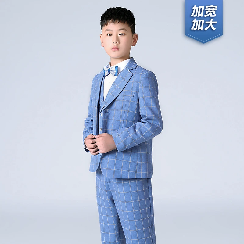 儿童西装套装春款新款胖版格子西服外套男童加肥主持演出礼服