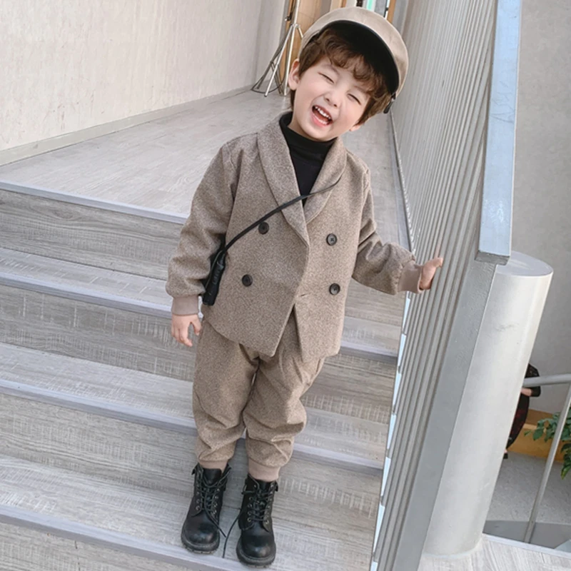 儿童西装套装男童礼服秋冬休闲帅气婚礼男宝宝呢子灰色小男孩西服