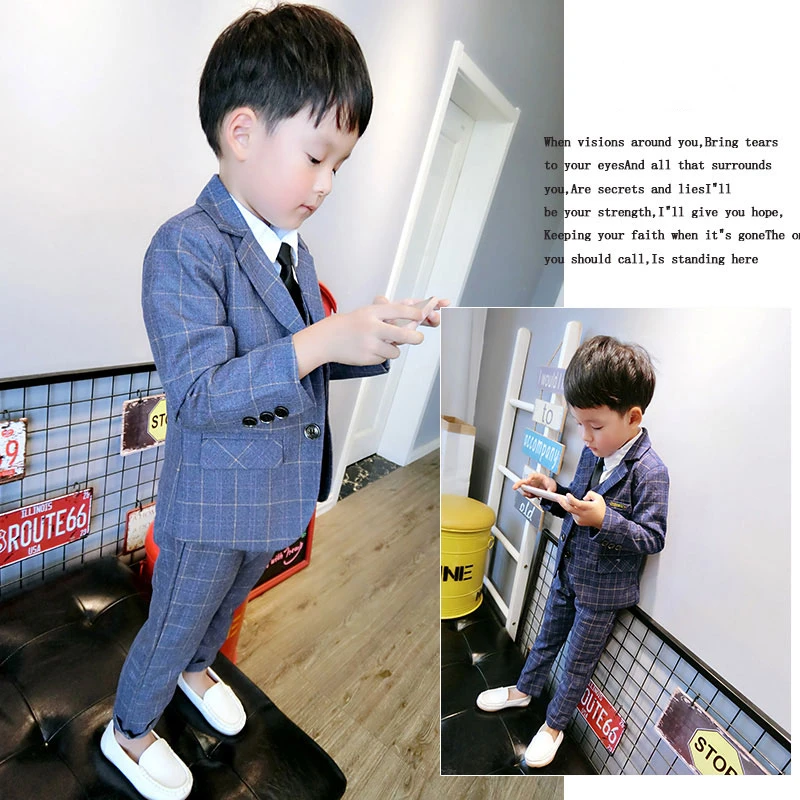 新款男童礼服套装儿童格子小西装帅气表演服花童礼服男孩西服春秋