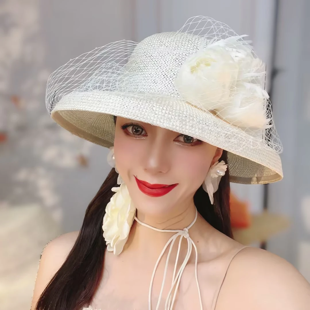 新帽馆时尚优雅夏季防晒出游轻盈透气镂空编织网纱花园系列盆帽
