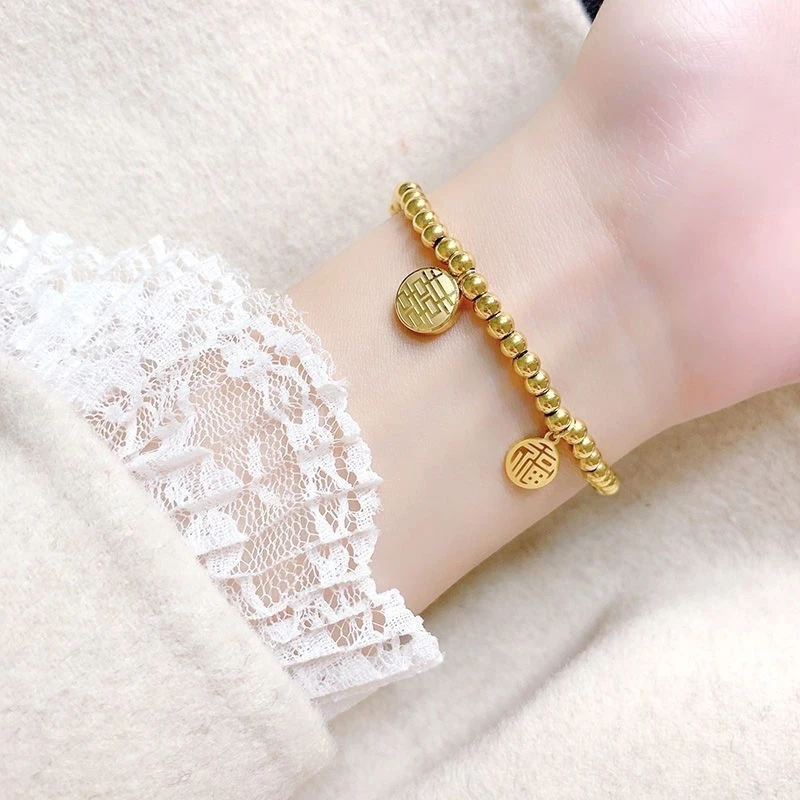 钛钢手链  国潮福喜双面珠珠圆珠弹力手链女小众设计