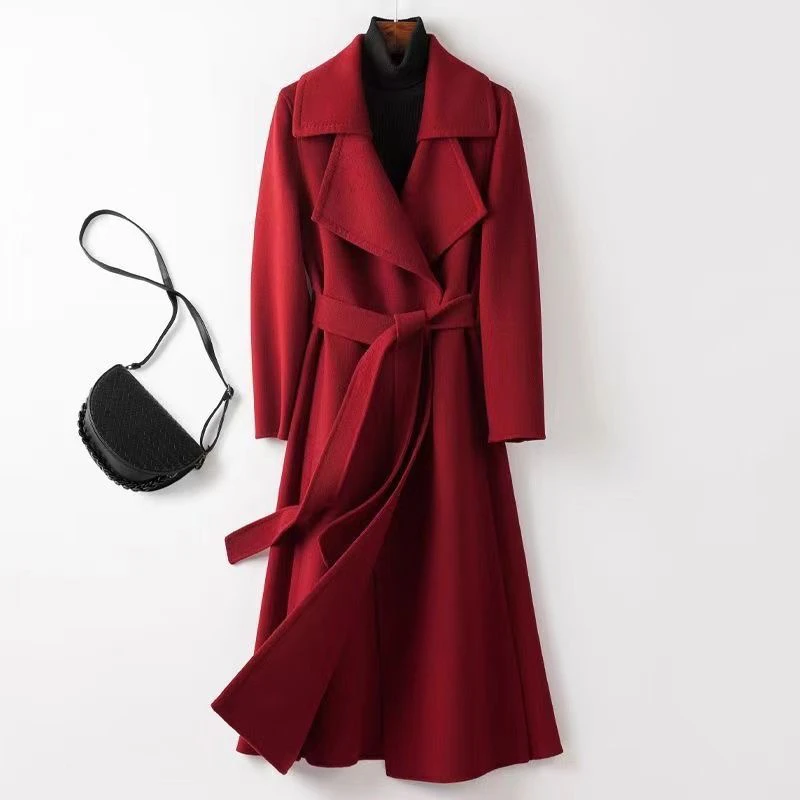 651-750高端大衣女中长款气质修身系带大翻领毛呢外套