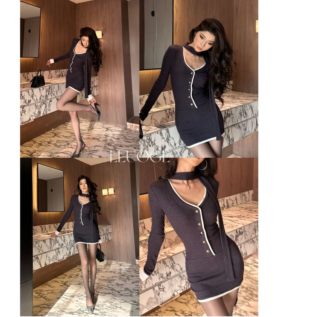 【清仓】显瘦短款针织御姐连衣裙收腰气质包臀裙子LL55517