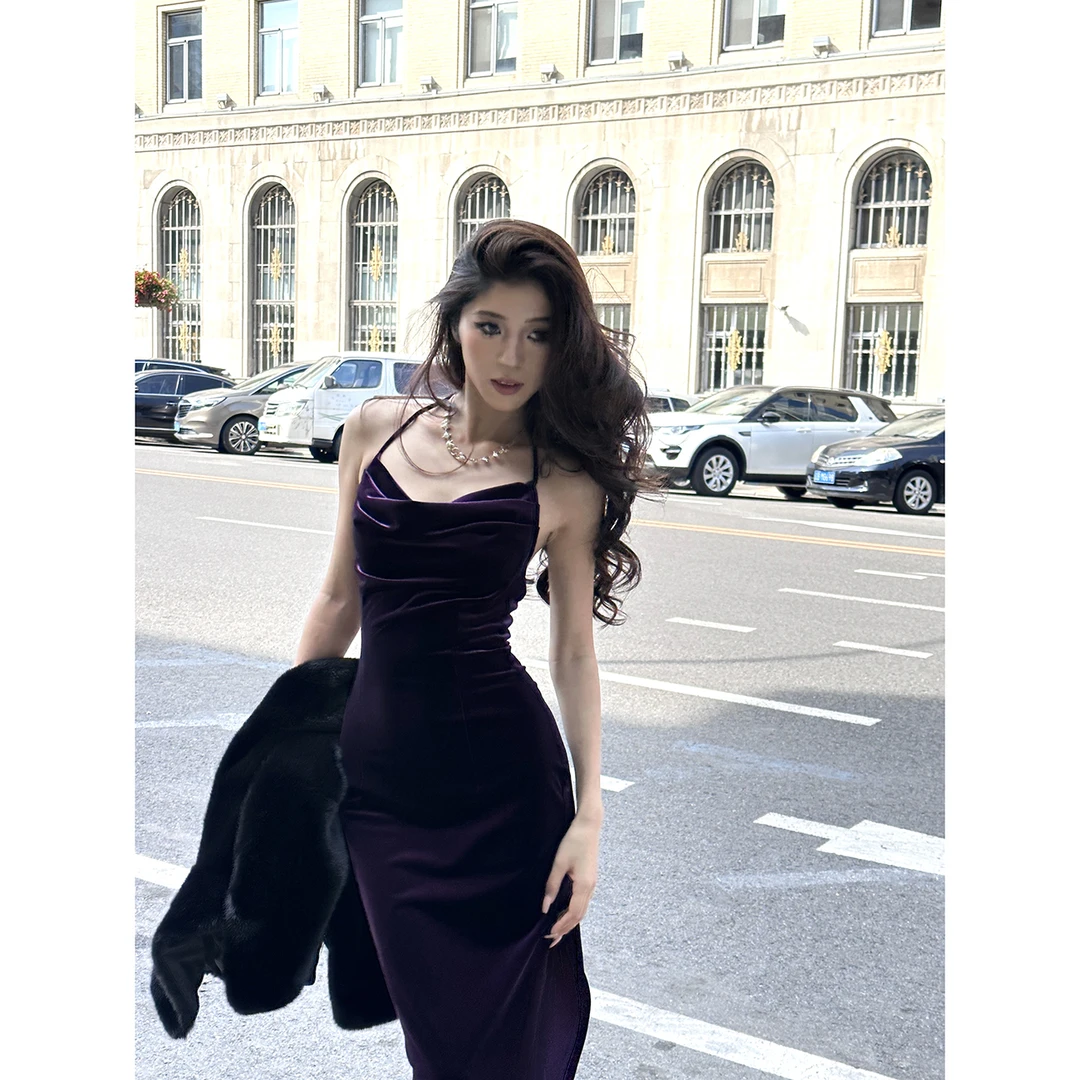 【清仓】紫色气质辣妹丝绒性感吊带包臀连衣裙长袖LL85090