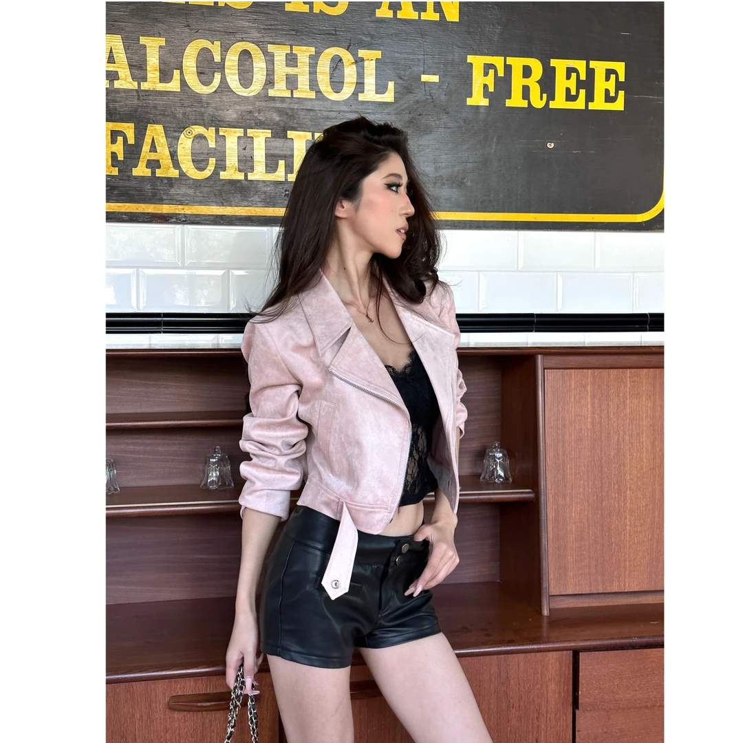 【清仓】秋季短款显瘦麂皮复古辣妹粉色百搭外套LD85123