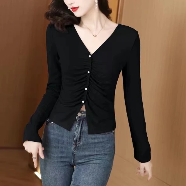 洋气秋冬新款修身V领长袖上衣女设计感显瘦遮肚内搭T恤打底衫女