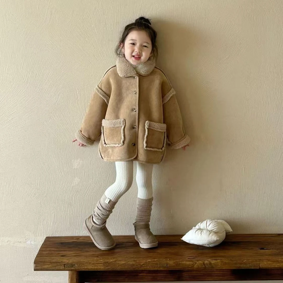 女童加绒厚外套冬季新款韩版童装羊羔毛仿麂皮简约时尚儿童大衣