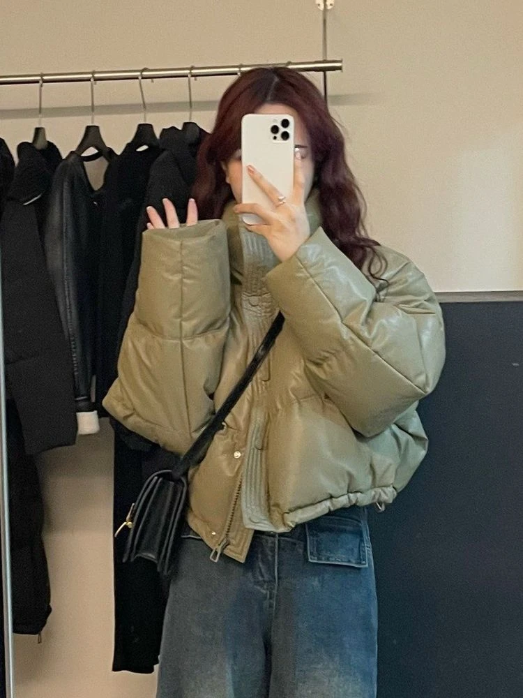 免洗皮羽绒服女短款2023新款冬季加厚立领面包服小个子肯豆外套