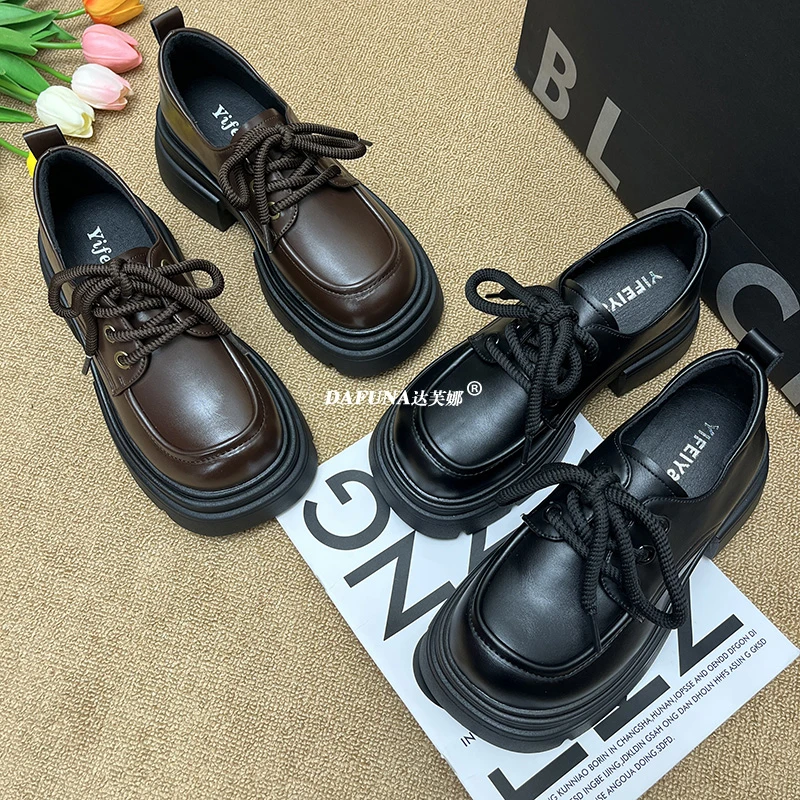 厚底英伦风系带小皮鞋女2023春秋新款小个子增高乐福鞋女