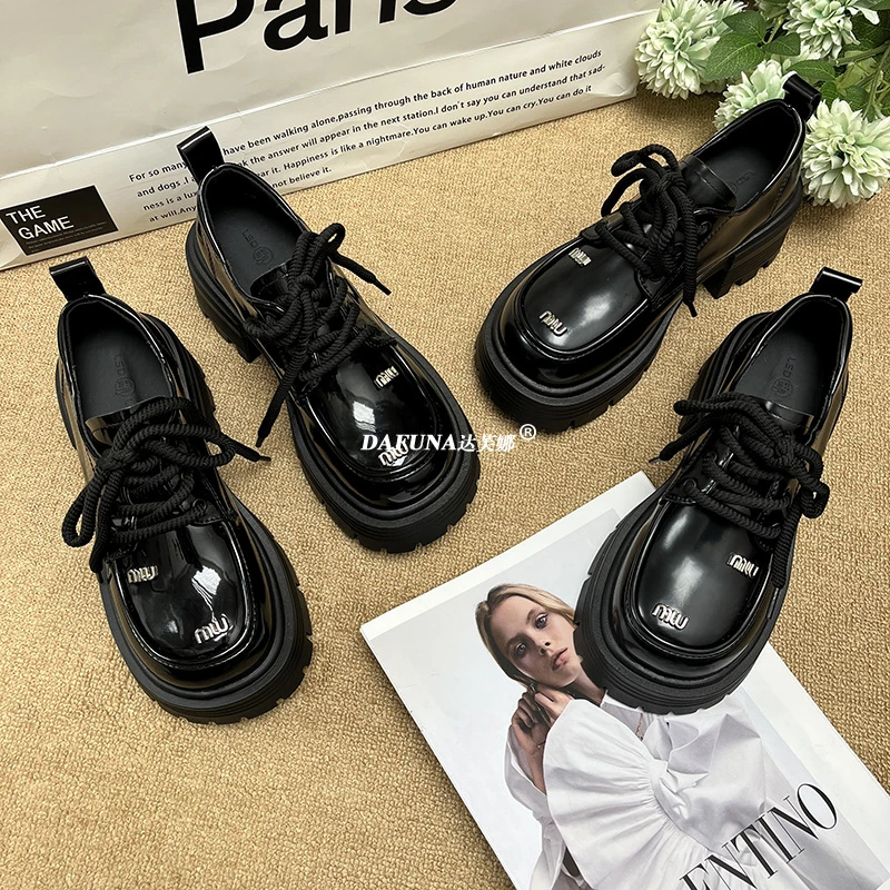 圆头乐福鞋时尚2023新款秋季黑色百搭系带厚底小皮