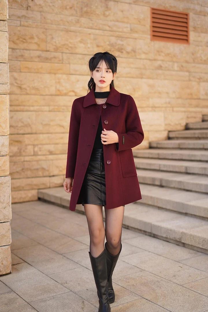 2024秋冬新款百分百双面纯羊毛大衣中老年气质短款毛呢外套显瘦