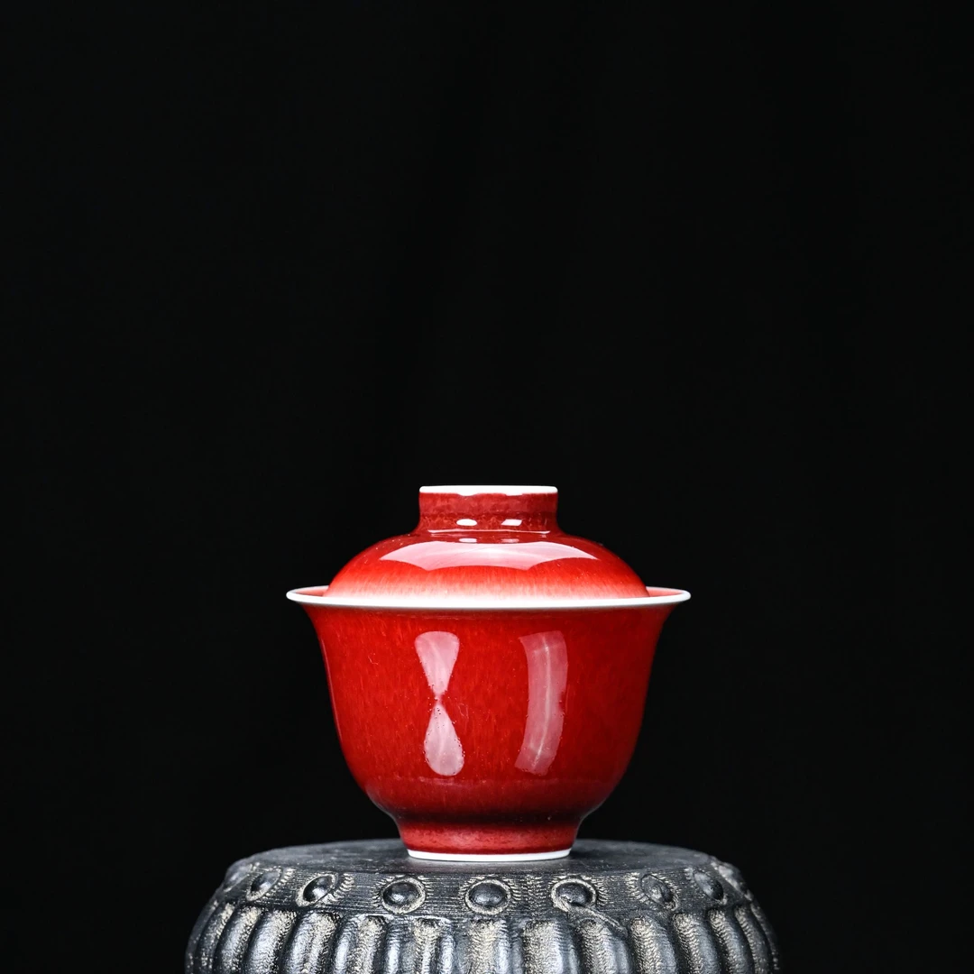 【郎红.素胎元宝盖碗】景德镇高温郎窑红釉盖碗盖下120毫升