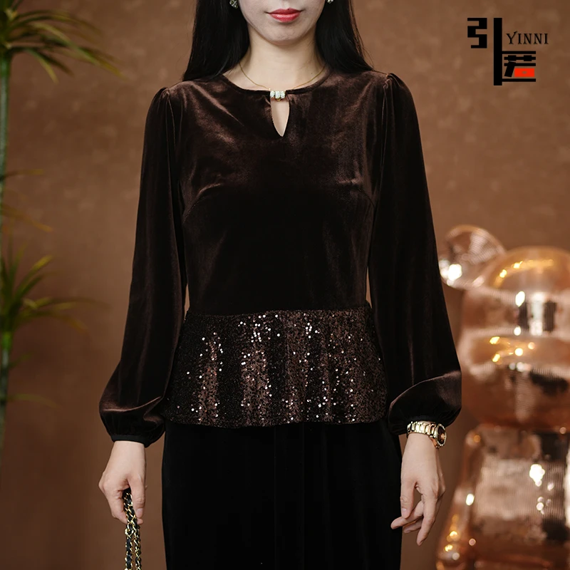 引匿（现货）A165丝绒复古气质亮片荷叶摆长袖打底衫时尚洋气2025春