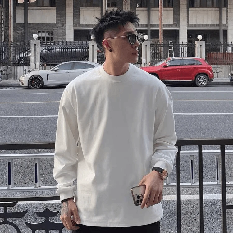300斤潮流小圆领男士宽松长袖T恤秋冬休闲春秋内搭港风纯棉打底衫