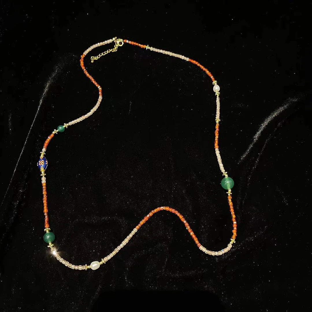 非金属仿水晶项链 气质手工时尚简约百搭小众镶嵌彩色坠链项链