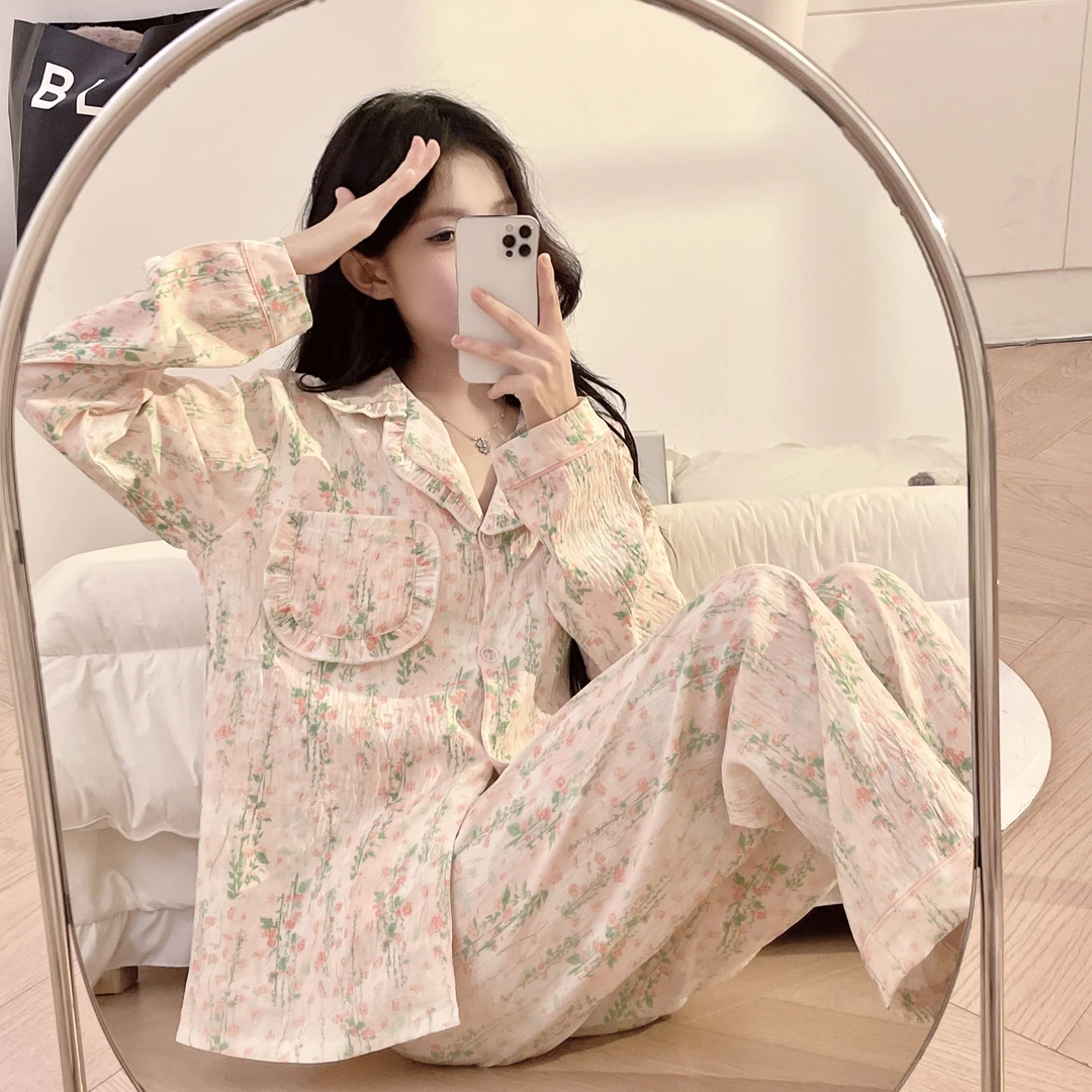 庆同秋季新款睡衣带胸垫长袖长裤女士甜美少女可外穿家居服套装