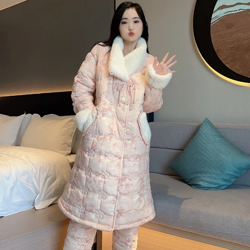 庆同冬季加厚保暖中长款三层夹棉睡袍套装女士睡衣可外穿家居服