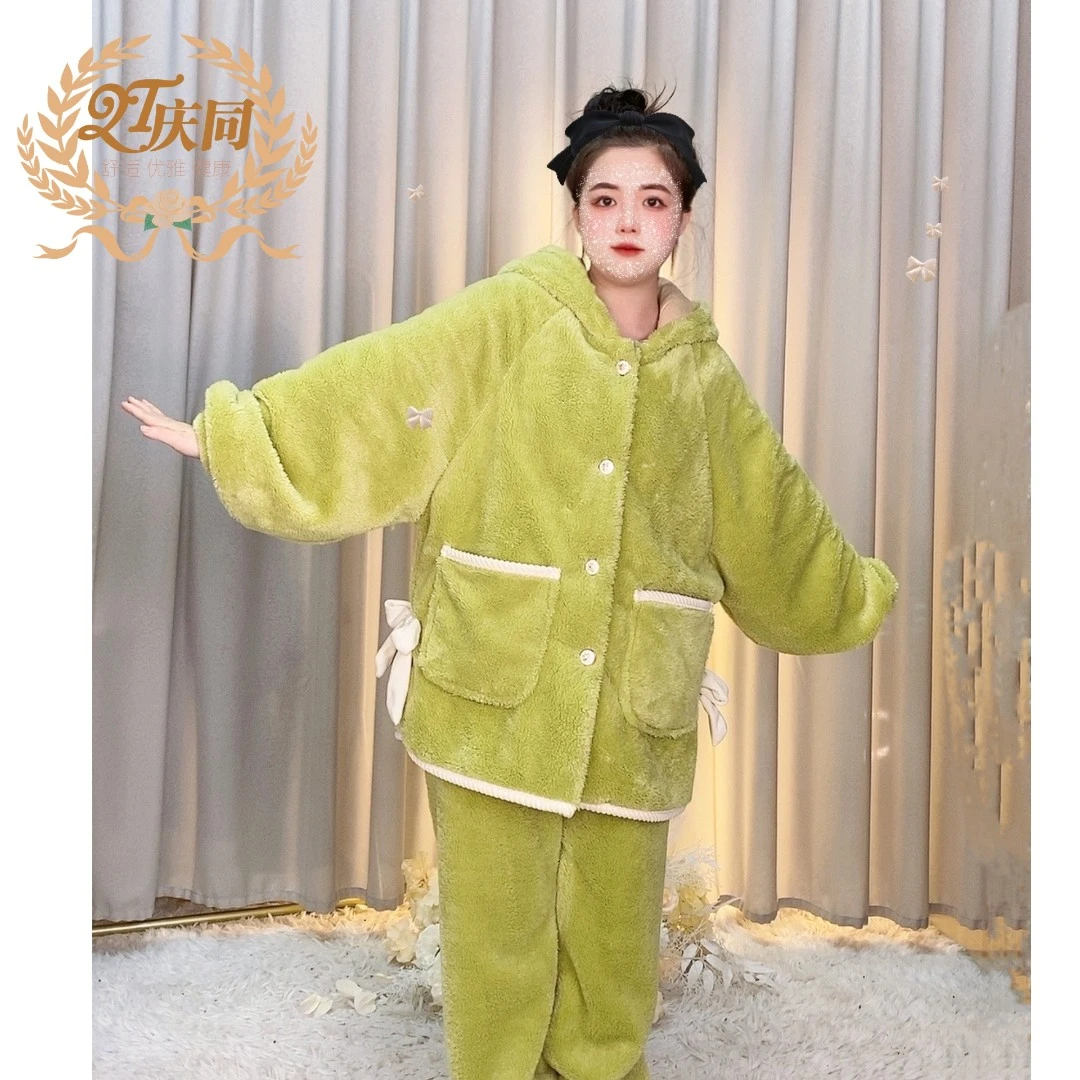 庆同工厂直销庆同冬款睡衣女秋冬连帽可爱保暖珊瑚绒家居服套装