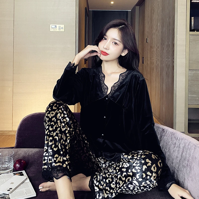 庆同金丝绒睡衣女春秋长袖豹纹长裤休闲女士可外穿夏天家居服套装