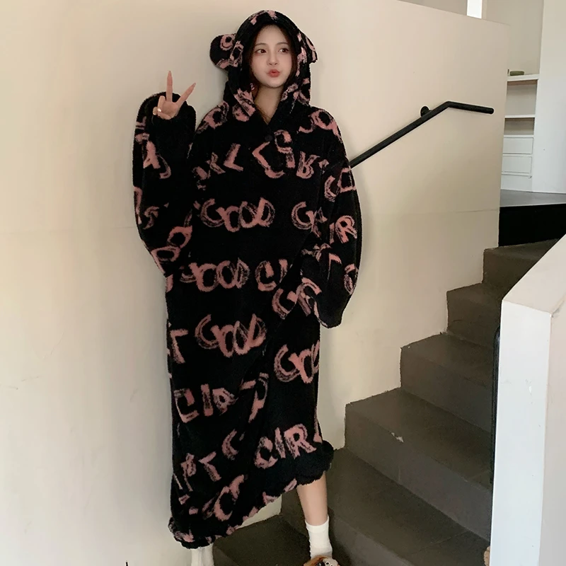 新款长款连帽睡裙冬季新款加绒加厚珊瑚绒保暖睡袋可外穿家居服