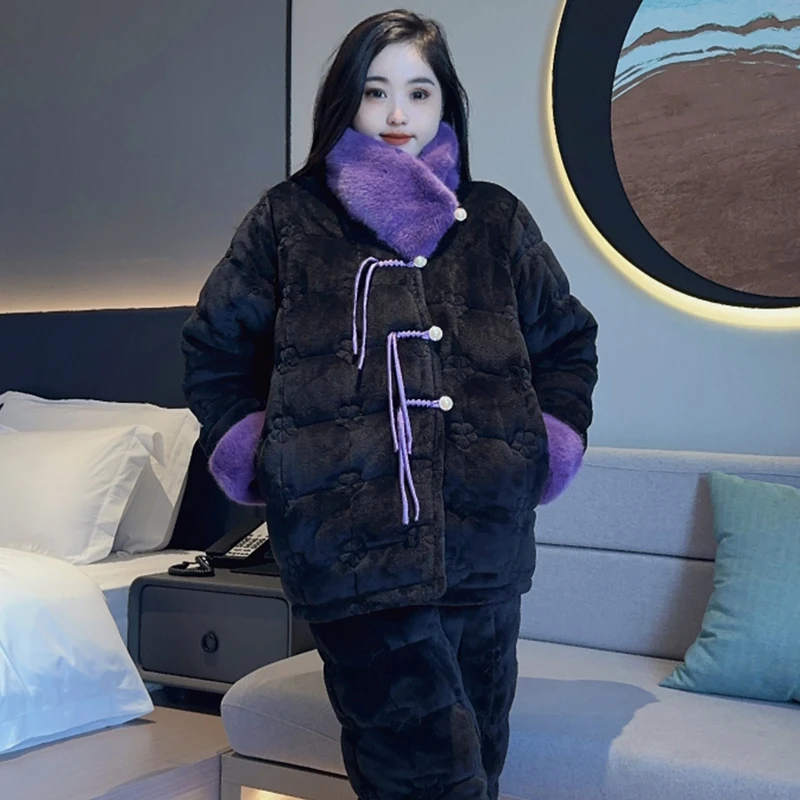 紫色三层夹棉珊瑚绒睡衣女士冬季加绒加厚保暖高级感家居服套装