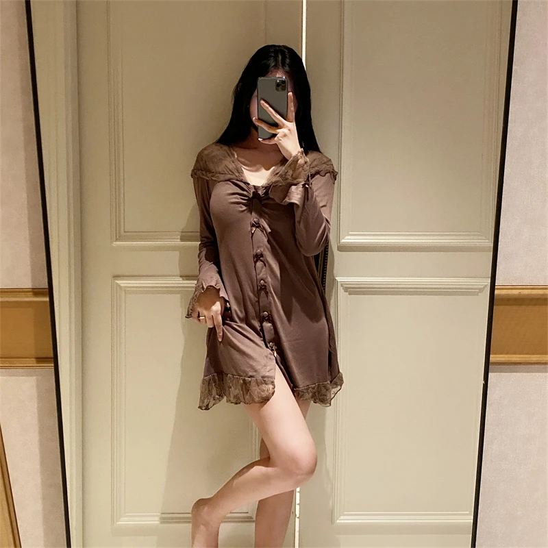 春秋带胸垫长袖睡裙性感显瘦性感纯欲气质短裙女士可外穿家居服