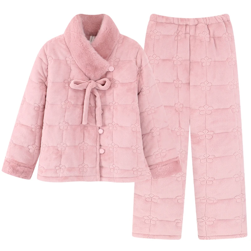 庆同加绒加厚三层夹棉女士冬季保暖珊瑚绒时尚可外穿家居服套装