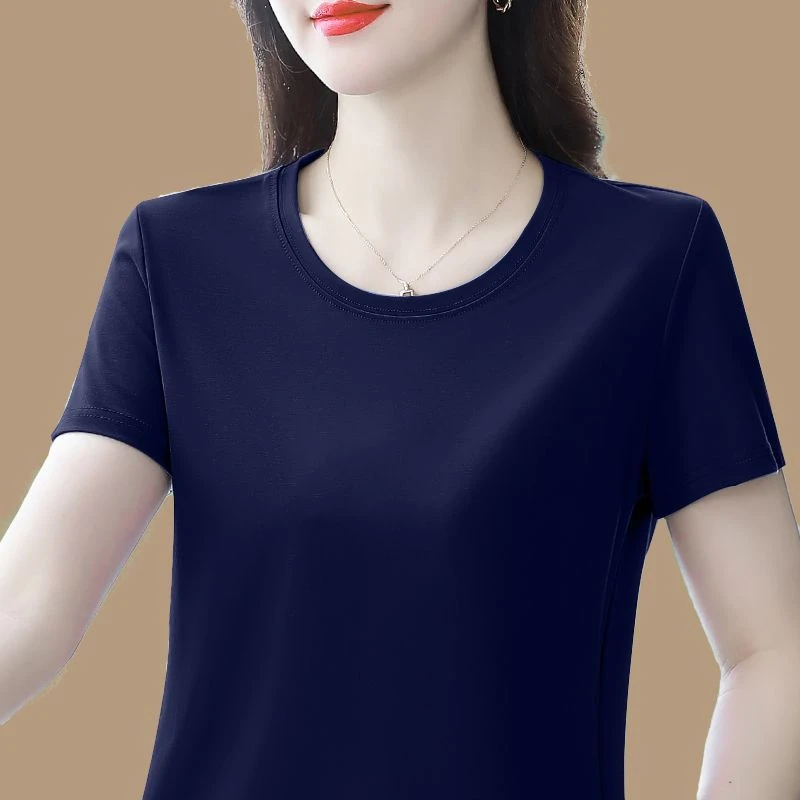 时髦中年妈妈夏装冰瓷棉短袖T恤女百搭短袖宽松遮肚上衣